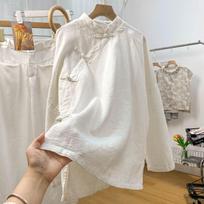 Retro Artistic Stand Collar Frog Button Cotton-Linen Long Sleeve Shirt 2XL beige