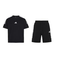 Adidas U sportinis kostiumas apvalia kaklo iškirpte megztinis su trimis juostelėmis trumpomis rankovėmis marškinėliai patogūs vidutinio juosmens šortai su raišteliu laisvalaikio sportinis komplektas KX0521 M