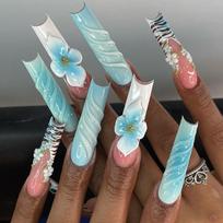 24Pcs Extra Long Square Press On Nails, Nude with Blue Gradient & 3D Embossed Flower Fake Nails United States gray