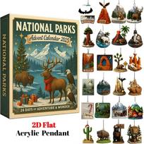 National Parks Advent Calendars 2025, 24 Days Christmas Countdown Calendar, 2D Flat Acrylic National Parks Wildlife Landscapes Ornaments Gift 26x18x3cm raudona
