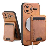 Piniginės kortelių laikiklio dėklas skirtas Xiaomi POCO F7 Ultra X7 F7 Pro, magnetinis dangtelis, odinis, Mag-safe, stovas, pilnas kameros apsauginis dėklas for POCO X7 ruda