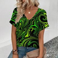 Women's Large Size Short Sleeve  V-neck T-Shirt Colorful Tassels Pattern T-Shirt Fashion Casual Women's Elegant Comfort T-Shirt S