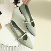 Fashion Striped Microfiber Ballet Shoes Ladies Pearl Belt Flats Women Green Loafers Pointed Toe Moccasins Femme Dress Ballerina Shoes 5 žalia