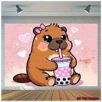 2D Capybara Bubble Tea 2D Flat Banner, Pink Kawaii Animal Background 47.2x31.5inch/120*80cm gray