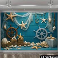 2D Nautical Starfish Seashell Backdrop - Blue Wood Wall Photography Background Banner for Summer Party 47.2x31.5inch/120*80cm