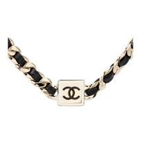 CHANEL CC Logo Bronze Pendant Choker Leather Necklace Women's Black/Gold juoda