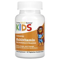 „California Gold Nutrition“, kramtomi multivitaminai vaikams su probiotikais ir fermentais, įvairių vaisių skonių, 60 veganiškų tablečių