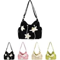 Y2k Stars Corduroy Tote Hobo Bag Crossbody Messenger Bag Casual Handbags for Women Girls White