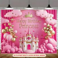 2D Princess Castle Birthday Backdrop, Pink Photography Background 47.2x31.5inch/120*80cm