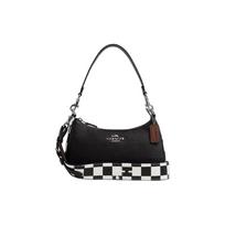 Coach Teri 24 Checkered Print Logo Zip Closure Pebble Leather Crossbody Shoulder Bag Medium Women Bags Black White CR103-SVA16 Basic Set (Bag+Dust Bag)