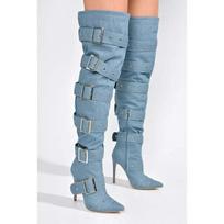 Blue Denim Sexy Sliver Buckled Thigh High Boots Women's Black Leather Pointed Toe High Heels Long Boot Luxury Design Party Shoes 34 mėlyna