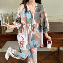 100% Viscose Floral Printed Ladies Kimono Style Pajamas Set Loose Thin V-Neck Three Quarte Sleeves 2Pcs Sleepwear Loose Homewear M