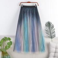 Rainbow Gradient Pleated A-Line Midi Skirt - High Waist, Fairy-Style for Spring & Autumn One Size