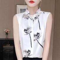 Half Turtleneck Sleeveless Shirt for Women, Fungus Lace Loose Slimming High-end Satin Top M