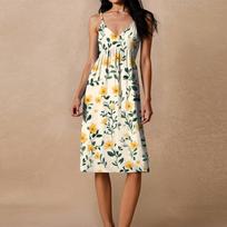 Women's Spaghetti Strap Backless Bow Loose Casual Beach Vacation Floral Printed Dress Sundress XL geltona