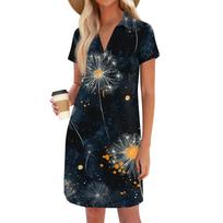 Women's Fashion Casual Loose Printed V-Neck Small Pocket Short Sleeve T-Shirt Dresses L tamsiai mėlyna