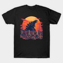 Men Black Print T-shirt Godzilla No-Cut Transfer Paper Print Cotton Tshirt 4XL juoda