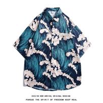 Hong Kong Style Men's Short-Sleeve Full Print Shirt - Trendy, Loose Fit, Korean Inspired Five-Point Sleeve Large mėlyna