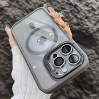 Luxury Magnetic Shockproof Phone Case For iPhone 15 14 13 12 11 16 Pro Max For Magsafe Fundas Stand Glass Lens Protector Cover For iPhone 11 pilka spalva