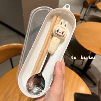 Labubu Cute Spoon Fork Chopsticks Three Set Cartoon Primary School Cute Tableware Set for Boys and Girls Rice spoon chopstick box