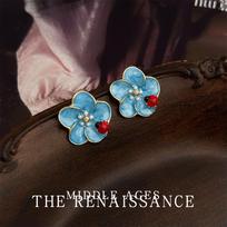 Vintage enamel drop glaze ladybug flower earrings French literary and elegant temperament earrings