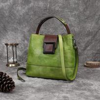 Bucket Bag Retro natūralios odos rankinė Rankų darbo vienspalviai karvės odos pečių ir skersinio kūno krepšiai žalia