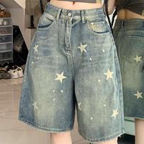 Women High Waist American Retro Washed Wide Leg Jeans Girls Street Do Old Star Loose Denim Pants Female Blue Knee Length Shorts XS mėlyna