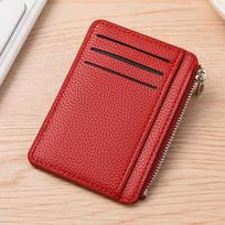 Lychee Pattern Zipper Card Holder – Ultra-Thin, Large Capacity Wallet with Multiple Card Slots and Coin Purse raudona