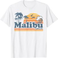 Malibu California Beach Vacation Cute Vintage Cali 70s Retro T-Shirt S balta