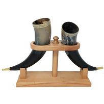 Vikingų gėrimo rankų darbo natūralaus jaučio rago puodelis alui, alui, midui, vynui | 12 colių | 100% nepralaidus | su gražiu mediniu stovu (2 rinkinys)
