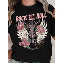 European sizes Women's Vintage Rock 'n' Roll Guitar T-Shirt - Soft Retro Winged Guitar & Pink Roses Print with Rock Logo-Style Lettering S juoda