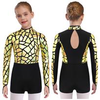 All-in-One Girls Metallic Performance Bodysuit: Features Mock Neck, Keyhole Back & Sequins for Dance Competitions 5-6 Years auksas