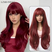 LOUIS FERRE Ilgas vyno raudonas sintetinis perukas Natural Wave Moteriškas perukas su kirpčiukais Cosplay Party raudonų plaukų karščiui atsparus pluošto perukas