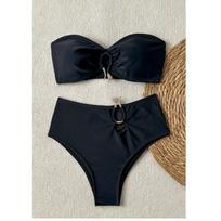 Metalinis žiedas Aukštu liemeniu Bikini Moteriškas maudymosi kostiumėlis Moterų maudymosi kostiumėlis Dviejų dalių bikini rinkinys Maudymosi kostiumėlis Maudymosi kostiumėlis S juoda