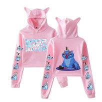European American Trendy Anime KPop Demon Hunters Cartoon Derpy Tiger Print Cat Ear Cropped Hoodie Autumn and Winter Casual Sweatshirt XS rožinė