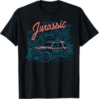 Jurassic Park Parko įėjimas su ekskursiniu džipu linijinė grafika T-shirt S juoda