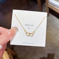 Stainless Steel Chain Gold Color Romantic Zircon Double Heart Pendant Necklaces for Women Girls Delicate Accessories Gifts gray