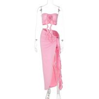 Women's Summer New Fashion Sexy Tube Top Slim Pleated Split Strap Suit S rožinė