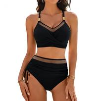 2Pcs/Set Women Summer Bikini Set V-Neck Sling Padeded Bra High Waist Side Drawstring Swimming Trunks Suit  Two-piece Swimsuit XL juoda