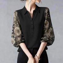 ZANZEA Women Casual Turn Down Collar Loose Prin Splice 3/4 Sleeve Blouse 2XL juoda