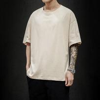 Medvilninis naujas vasarinis vyriškas marškinėlis, vienspalvis marškinėlis, vyriškas oversized, penki pusė trumpikės rankovės, laisvalaikio medvilninis vyriškas street wear viršus, marškinėliai M chaki