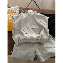Boys Summer Set Sleeveless Sunscreen Hooded Top + Shorts Boy Handsome Lightweight Two Piece Set 140 pilka
