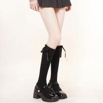 Autumn Wave Lace Thigh-High Socks with White Bow Ribbon - Japanese Lolita Style Over-the-Knee Slimming JK Cotton Socks One Size (Fits 65kg, 150-175cm)