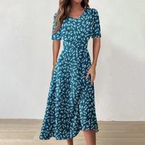 Women's  Casual Printing Summer Dress Short Sleeve Sundress Tank Dresses Beach Dress XXL mėlyna
