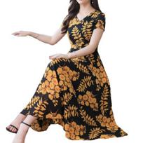 Lady Fashion Floral Print Tight Waist Large Swing V-Neck Short Sleeve Maxi XXL