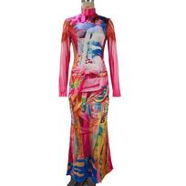 Women's Autumn and Winter Printed Long Sleeve Stand-up Collar Mid-length Skirt with Versatile Dress on The Outside XS