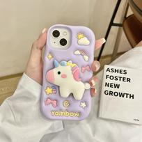 3D Unicorn Folding Stand Phone Holder Case For iPhone 17 16 15 14 13 12 Pro Max 16pro 15pro 17pro Soft Silicone Cartoon Cover iPhone-17 Pro