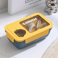 Large-Capacity 37.2oz Plastic Bento Lunch Box with Dipping Compartment, Microwave Safe, Rectangular - Ideal for Students and Workers mėlyna