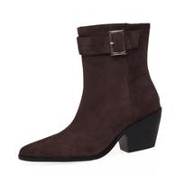 Fashion New Autumn Winter Women Western Cowgirl Chelsea Boots Buckle Slip-on European Cossacks Ladies shoes Flock High Heels Booties 34 ruda