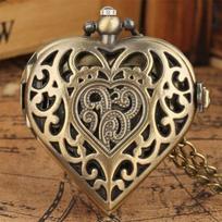 Hollow Heart Shaped Quartz Women's Necklace Pocket Watch Souvenir Gift bronza